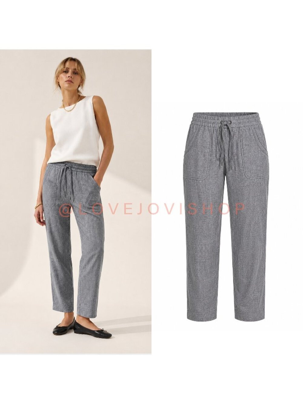 Minimalist | Athleta Linen Drawstring Straight Leg Gray Blue Heathered Pockets 6
